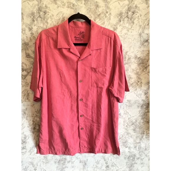 Tommy Bahama Silk Shirt Medium Pink Coral Textured‎ Short Sleeve Button Front - Picture 1 of 8